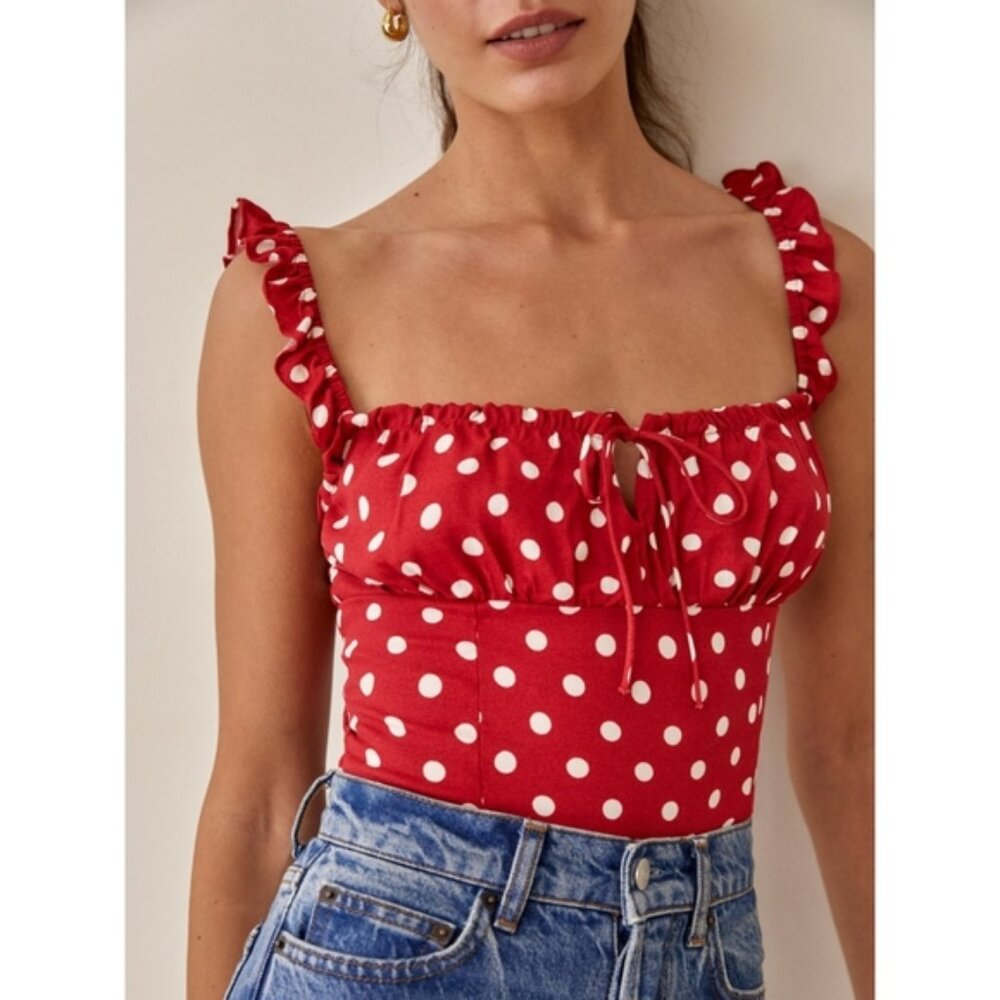 Reformation Red Polka Dot Ruffle Strap Tank Top